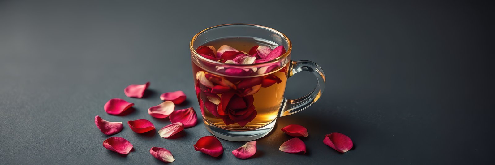 Delicate rose petal tea served in a clear glass cup on a dark surface with scattered petals